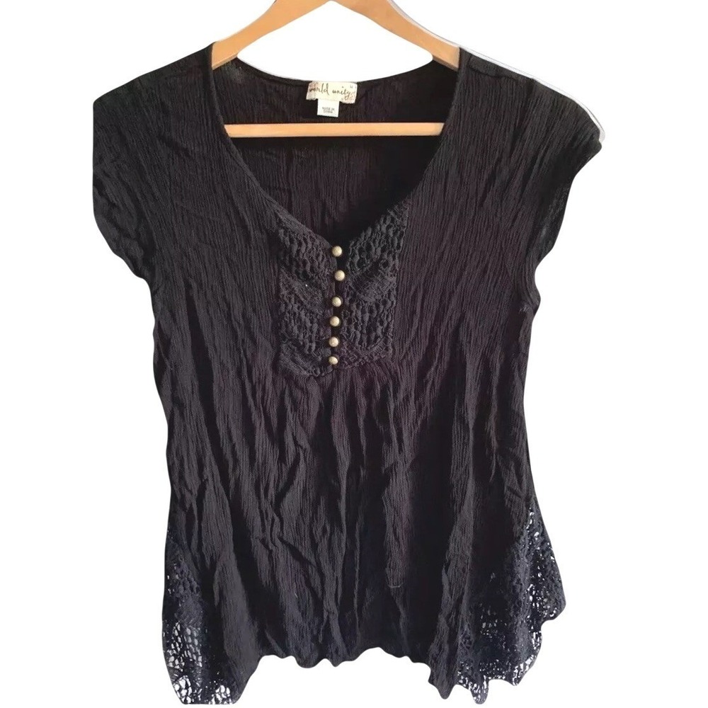 World Unity Crochet Lace Trim Top Womens Medium Black Boho Crinkle Whimsigoth